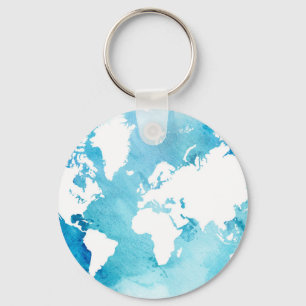 World Map In Watercolor Blues Key Ring