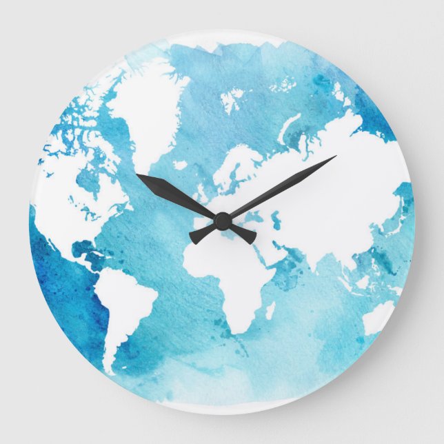 World Map In Watercolor Blues Large Clock (Front)