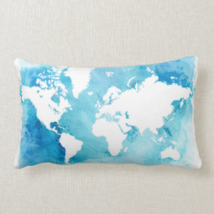 World Map In Watercolor Blues Lumbar Cushion