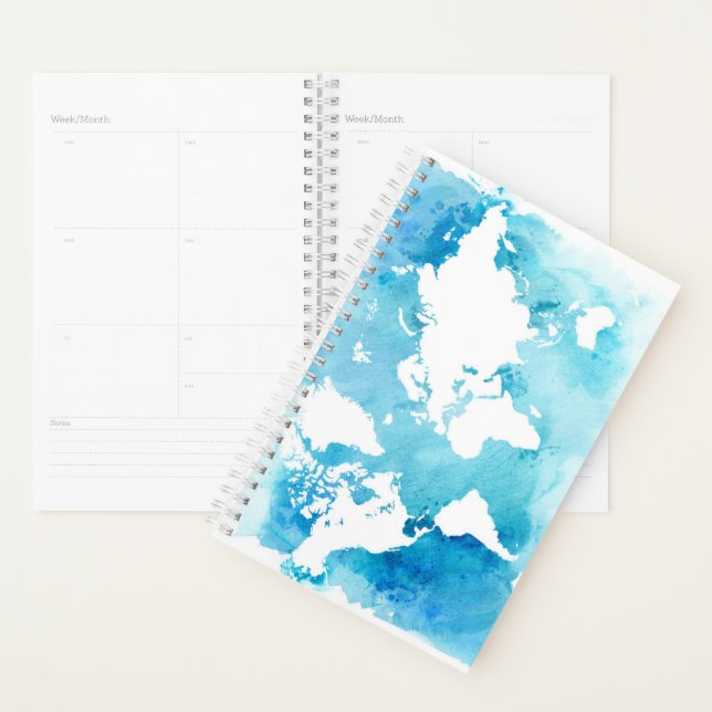 World Map In Watercolor Blues Planner (Display)
