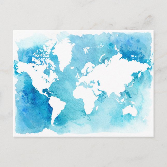 World Map In Watercolor Blues Postcard (Front)