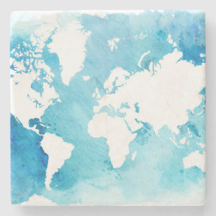 World Map In Watercolor Blues Stone Coaster