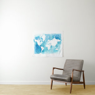 World Map In Watercolor Blues Tapestry