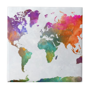 World Map In Watercolor Ceramic Tile