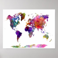 World map in watercolor purple and blue