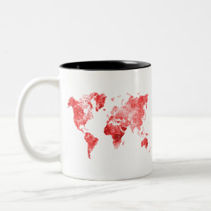 World map in watercolor Red Two-Tone Coffee Mug