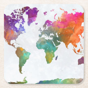 World Map In Watercolor Square Paper Coaster