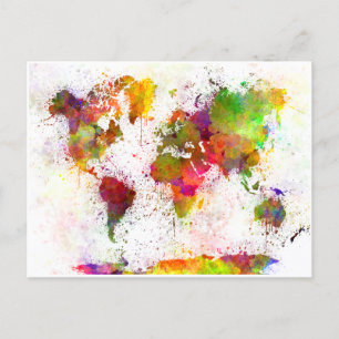 World map in watercolor yellow and green announcement postcard
