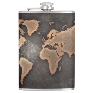 World map leather geographical brown hip flask