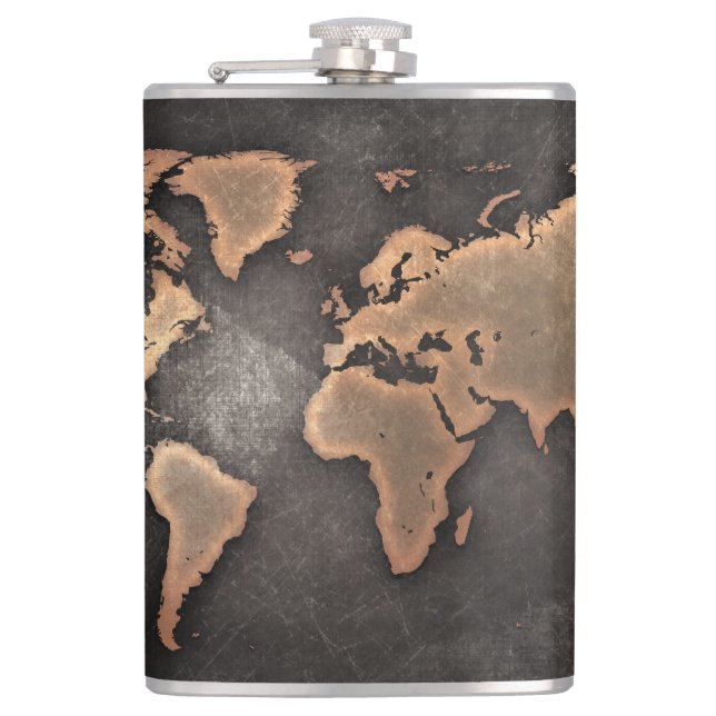 World map leather geographical brown hip flask (Front)