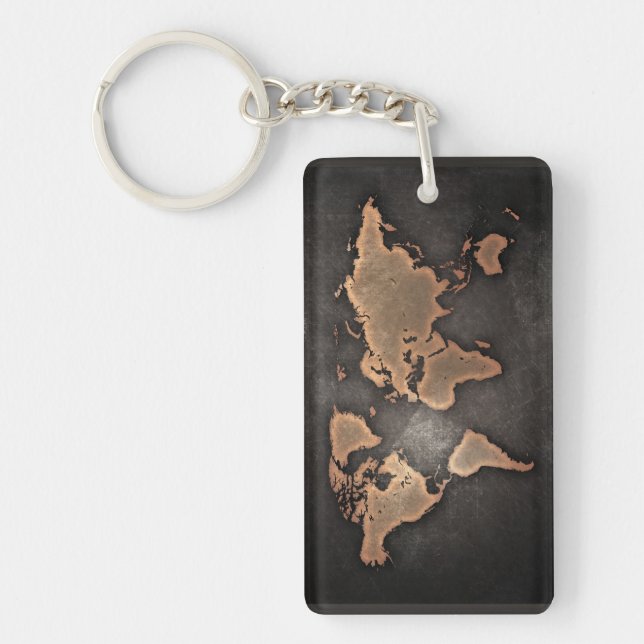 World map leather geographical brown key ring (Front)