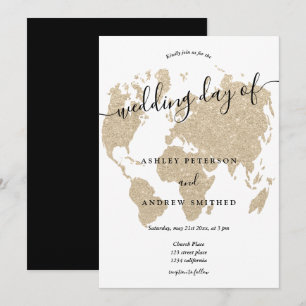 World map light gold glitter chic script wedding invitation