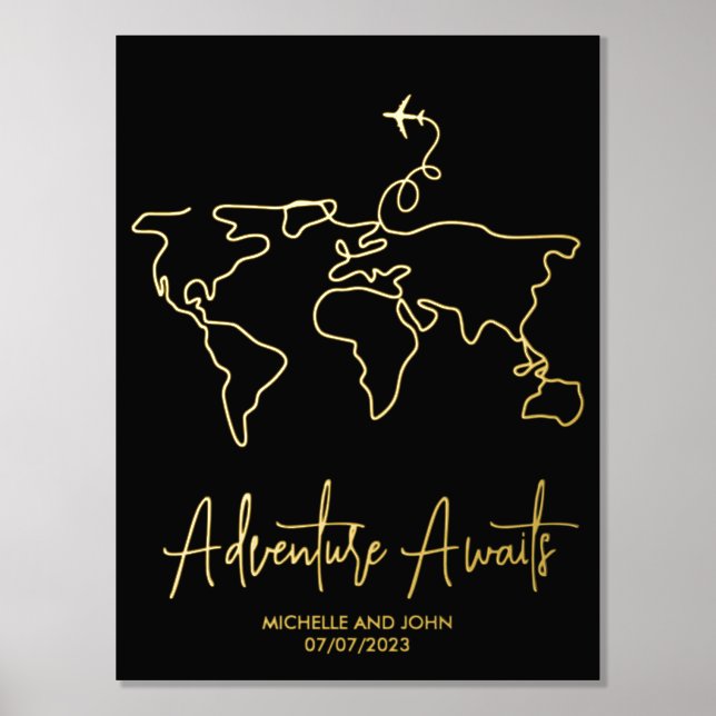 World Map Line Art Travel Adventure Awaits Couple Foil Prints (Front)