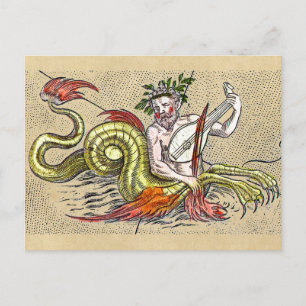 World Map Merman and Lyre Postcard