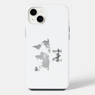 World Map Monogram Name Traveller Custom Grey Whit iPhone 14 Plus Case