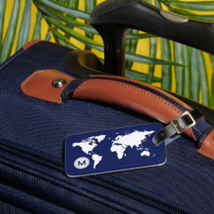 World Map Monogram Navy Blue Luggage Tag