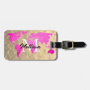 World Map Monogram Traveller Pink Gold Foil Glitte Luggage Tag
