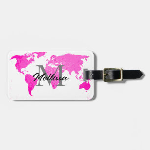 World Map Monograms Traveller Pink White Modern Luggage Tag