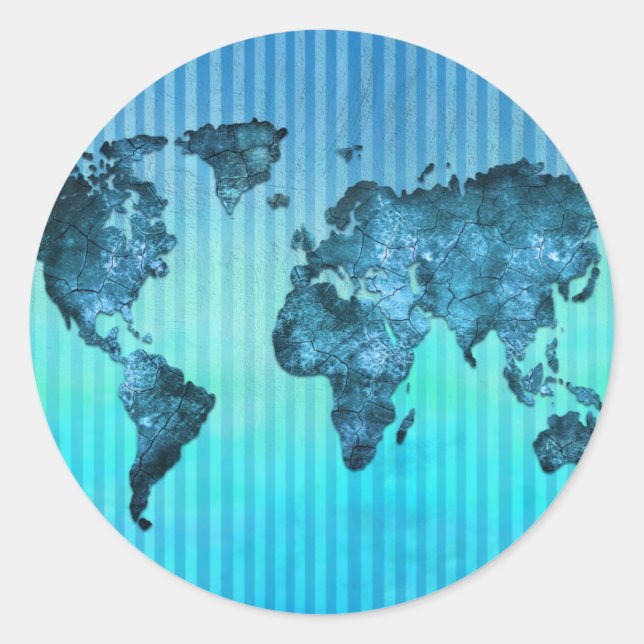 World Map | Neon Blue Stripes Classic Round Sticker (Front)