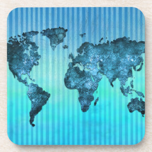 World Map Neon Blue Stripes Coaster
