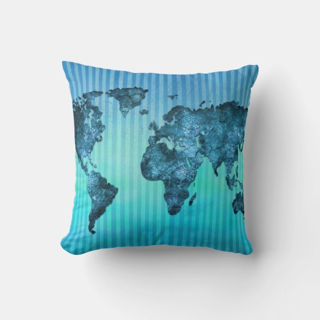 World Map | Neon Blue Stripes Cushion (Front)