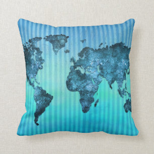 World Map Neon Blue Stripes Cushion