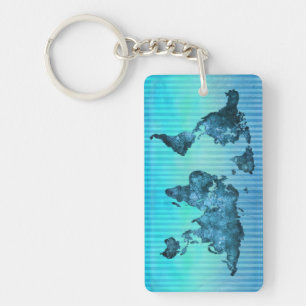 World Map   Neon Blue Stripes Key Ring