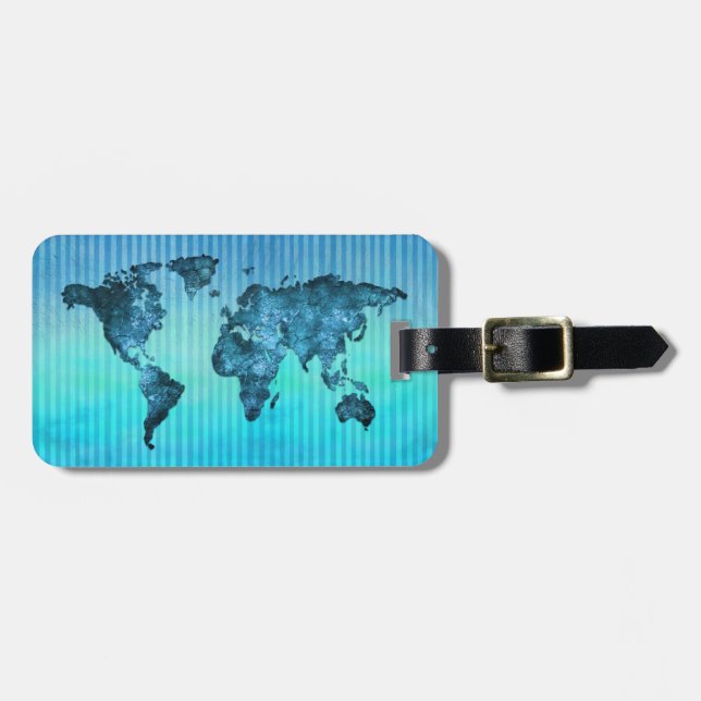 World Map | Neon Blue Stripes Luggage Tag (Front Horizontal)