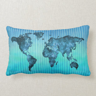 World Map   Neon Blue Stripes Lumbar Cushion