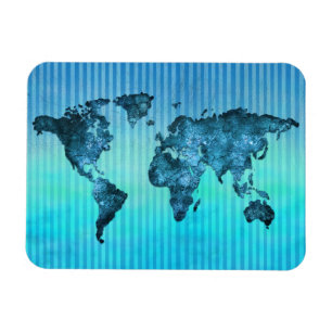 World Map   Neon Blue Stripes Magnet