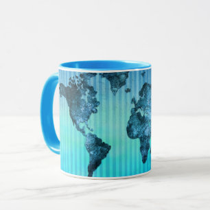 World Map Neon Blue Stripes Mug