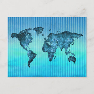 World Map Neon Blue Stripes Postcard