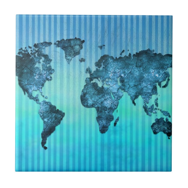 World Map | Neon Blue Stripes Tile (Front)