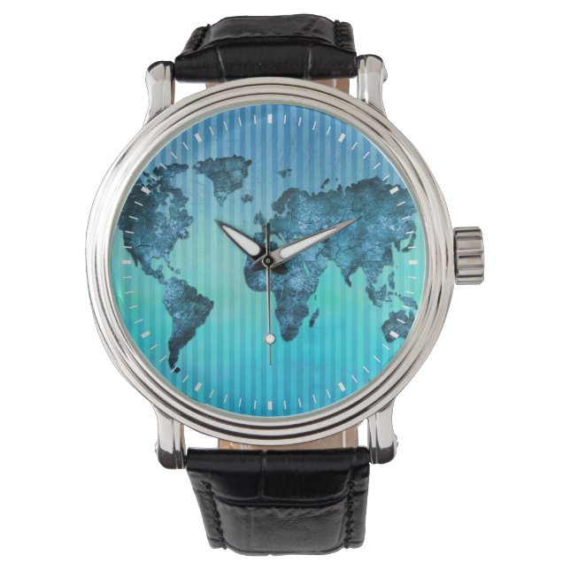World Map | Neon Blue Stripes Watch (Front)