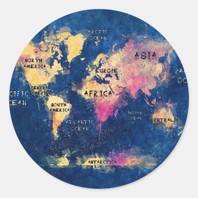 world map OCEANS and continents Classic Round Sticker (Front)