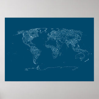 World Map of Large Rivers, Lakes and Coast Lines Poster