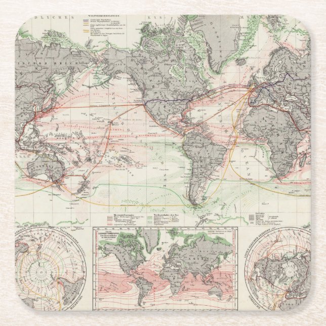 World Map of Ocean Currents Square Paper Coaster (Front)