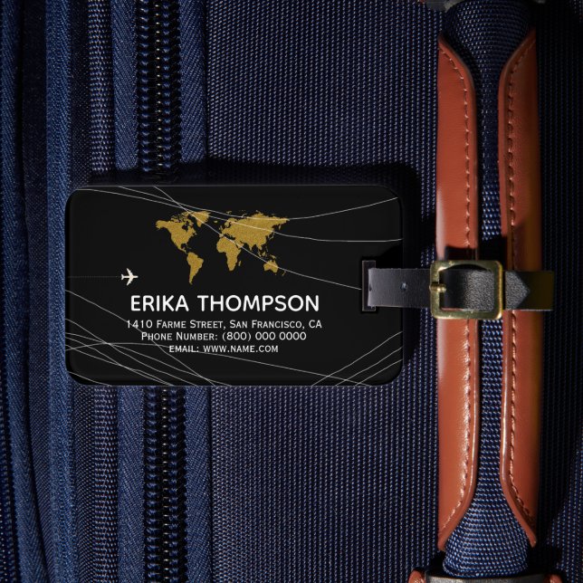 World Map on Black Luggage Tag (Front Insitu 4)