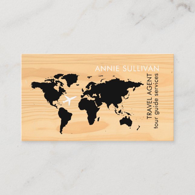 World Map on faux wood, Travel Agent Business Card (Front)