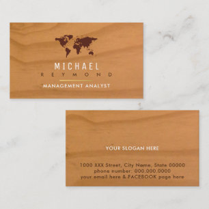 world map on rustic wood . elegant business card
