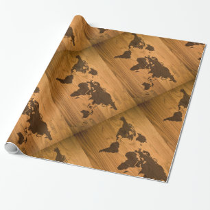 World Map on Wood Grain Wrapping Paper