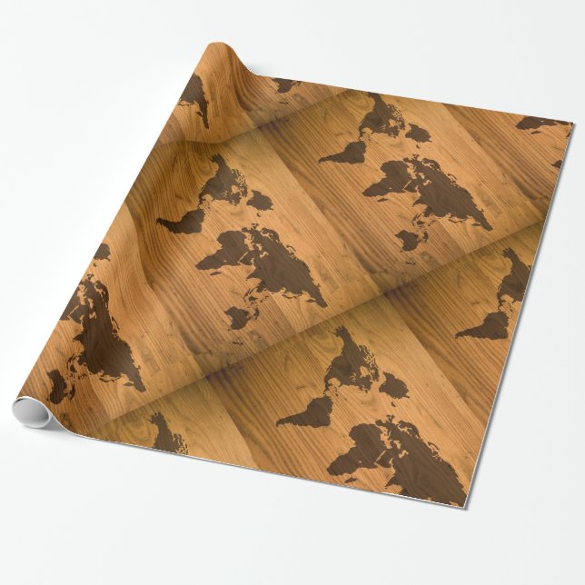 World Map on Wood Grain Wrapping Paper (Unrolled)