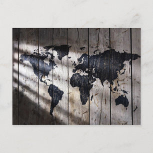 World map on wood texture postcard