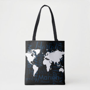 world map & pattern of names on black tote bag