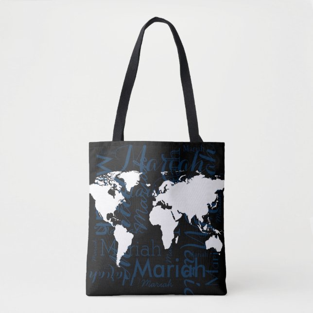 world map & pattern of names on black tote bag (Front)