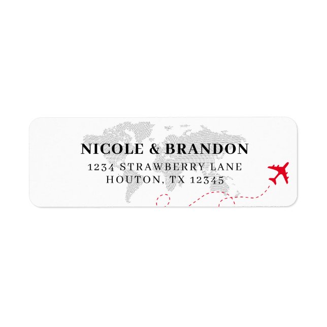 World Map Plane Destination Wedding Return Address Label (Front)