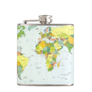 World Map Political Atlas Poster: Modern Decor Hip Flask