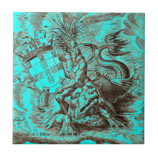World Map Poseidon Riding Dolphin Ceramic Tile