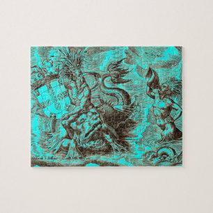 World Map Poseidon Riding Dolphin Jigsaw Puzzle