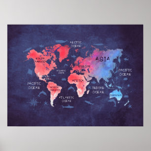 world map red blue poster
